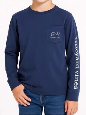 Vineyard Vines Navy Long-Sleeve Pocket Tee with White Sleeve Logo